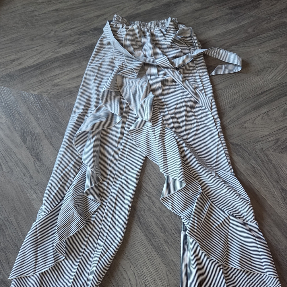 Elegant Striped Ruffle Wide Leg Pants With Belt/tie
